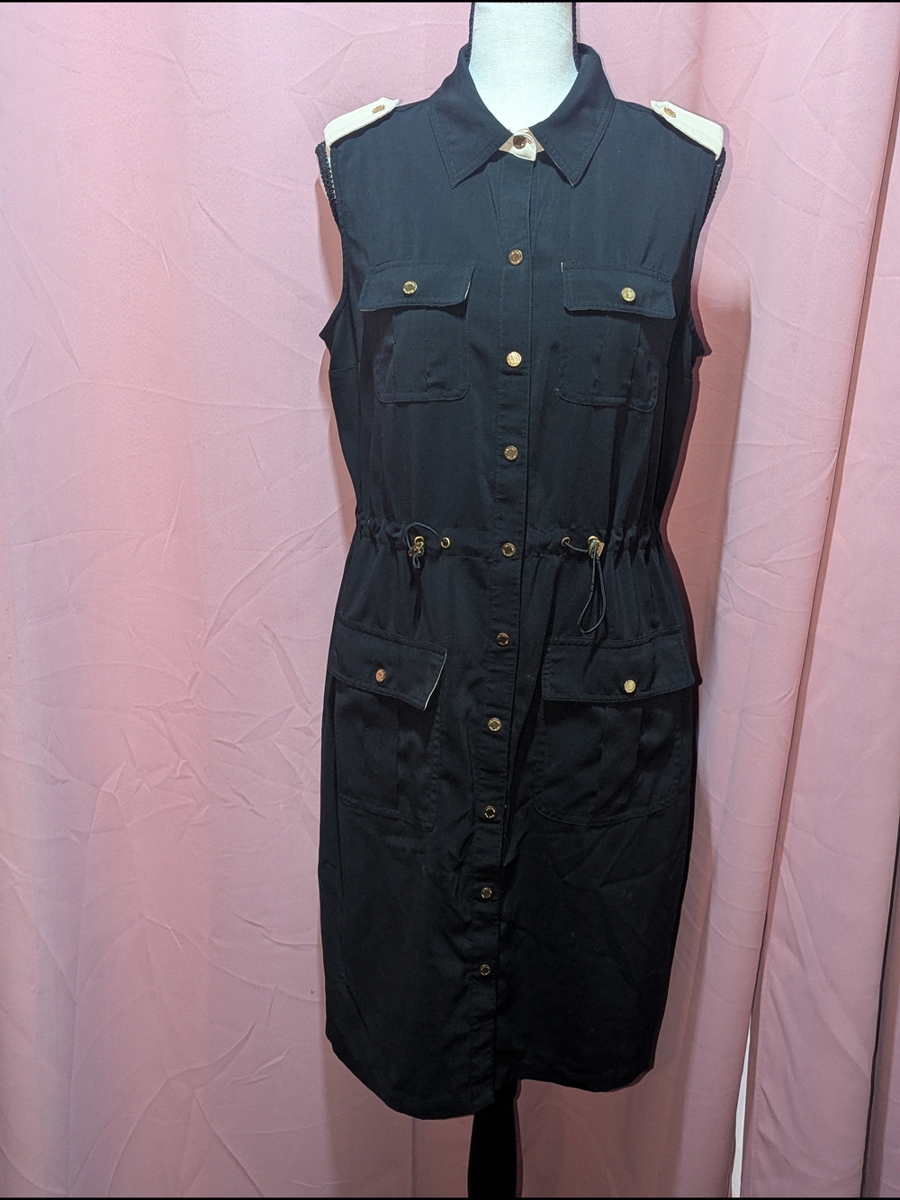 CALVIN KLEIN Sleeveless Midi Shirt Dress with Gold Accents Snap Button Down M?
